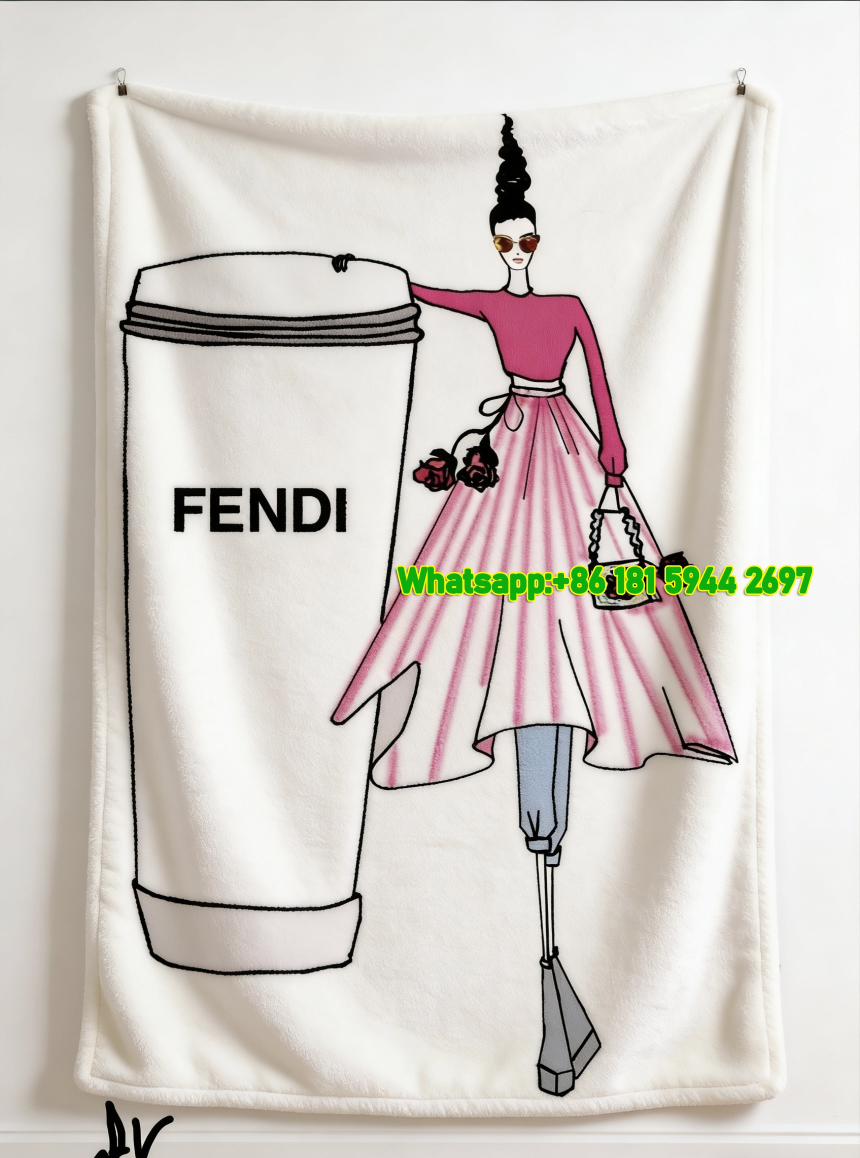 Fendi Pink Fashion Illustration Coffee Cup Flannel Throw Blanket IMG_9610